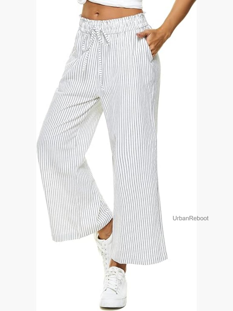 Linen Capri Pants Wide Leg High Waisted Drawstring Casual Cropped With Pockets